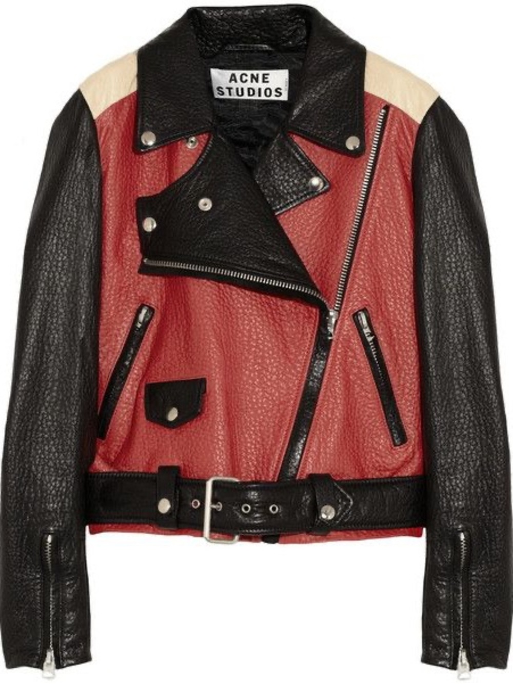 ACNE STUDIOS Merci Lamb Leather Color block Belted Black Red Biker Jacket XS